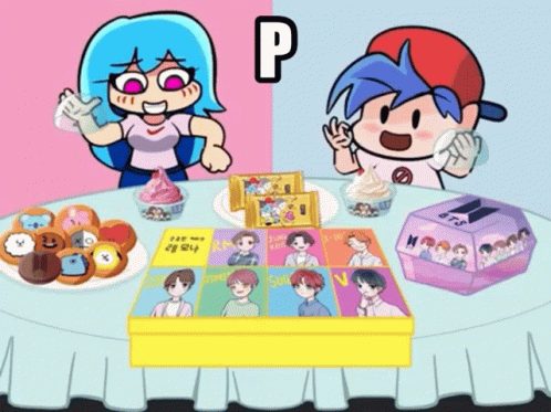 Boy and Girl Sitting at Table With BTS Cookies Box