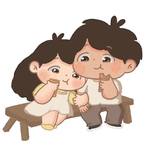 Boy and Girl Sitting on Bench Eating