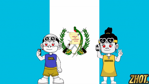 Boy and Girl Standing Before Zhot Flag