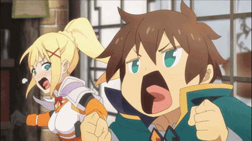 Boy and Girl Standing With Mouths Wide Open