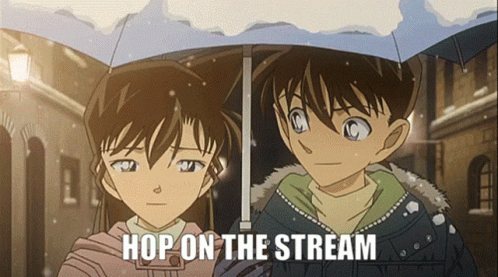 Boy and Girl Under Umbrella Saying Hop on the Stream