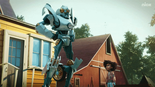 Boy and Robot in Front of Nick Building