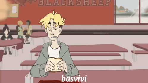 Boy Eating Bread at Blacksheep Sign