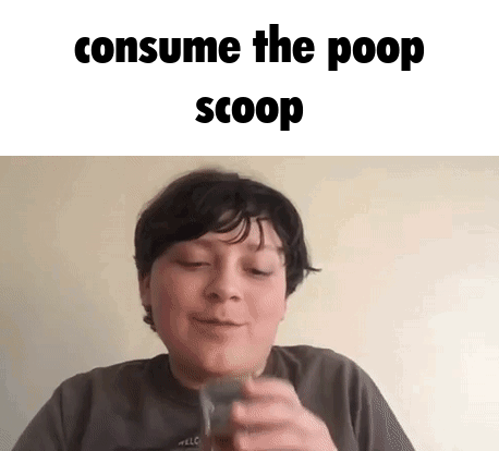 Boy Eating Scoop of Poop Looking at Camera