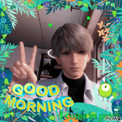 Boy Giving Peace Sign Good Morning