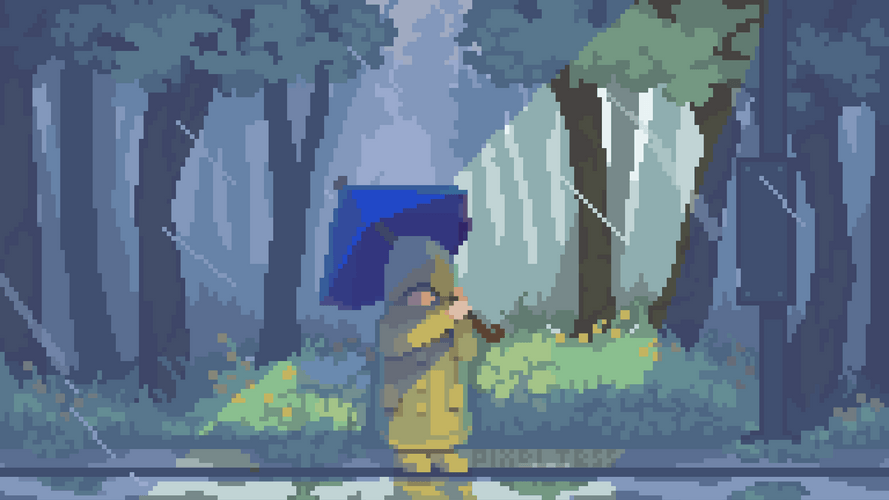 Boy Holding Blue Umbrella On Rainy Day GIF