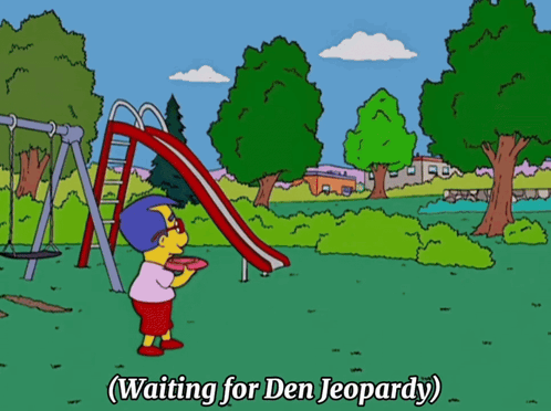 Boy Holding Frisbee Near Slide with Waiting for Den Jeopardy