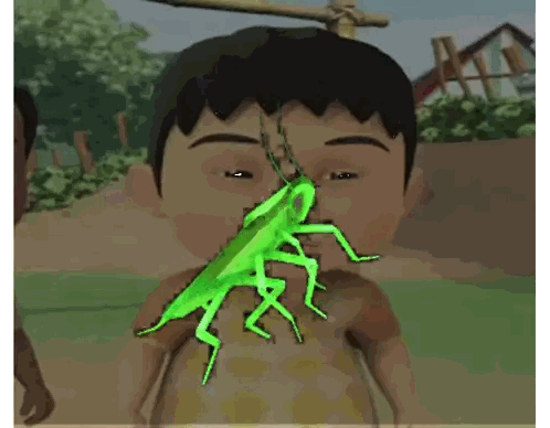 Boy Holding Green Grasshopper to Face