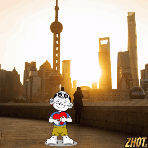 Boy Holding Heart at City Skyline Zhout