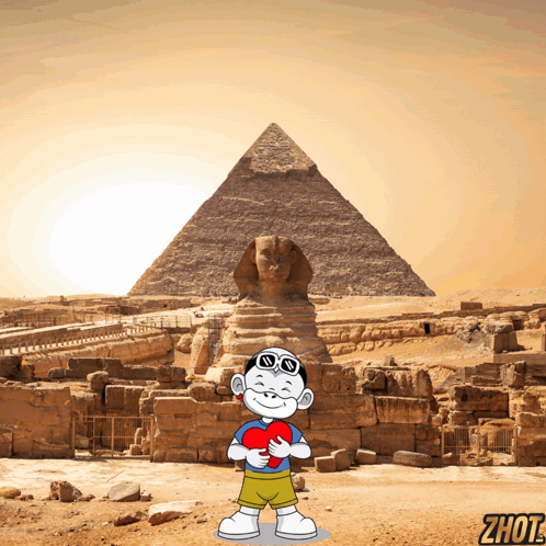 Boy Holding Heart in Front of Pyramid Saying Shot
