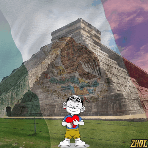Boy Holding Heart in Front of Pyramid with Zhot Logo