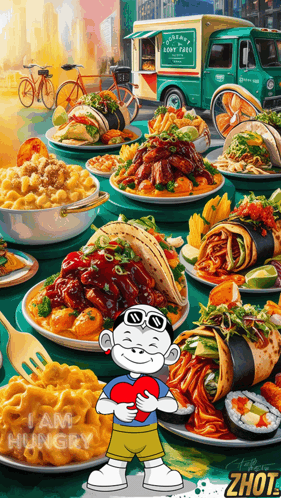Boy Holding Heart Surrounded by Food