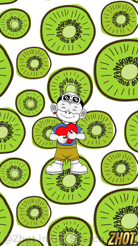 Boy Holding Heart Surrounded by Kiwi Slices