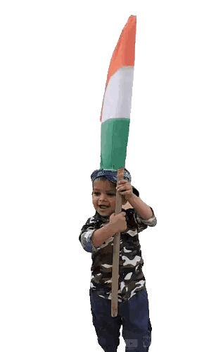 Boy Holding Indian Flag On Wooden Stick