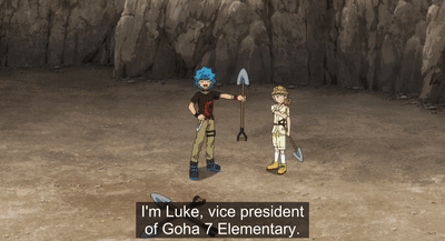 Boy Holding Shovel Saying I'm Luke Vice President of Goha 7 Elementary
