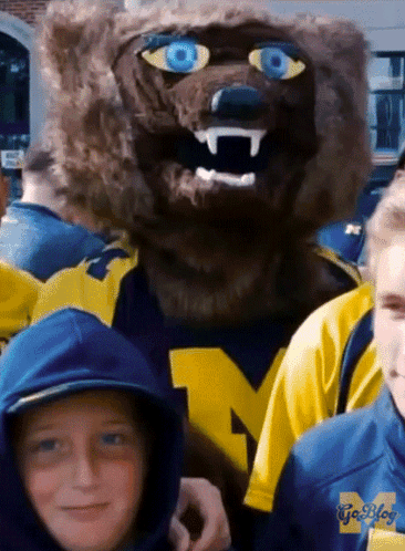 Boy In Blue Hoodie With Letter M Next To Mascot GIF