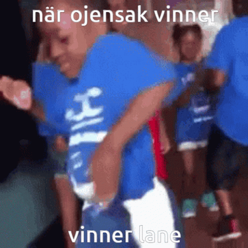 Boy in Blue Shirt Dancing With Caption Nar Ojensak Vinner Winner Lane