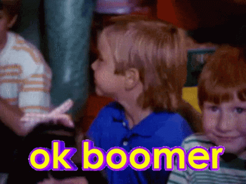 Boy in Blue Shirt Saying Ok Boomer Purple