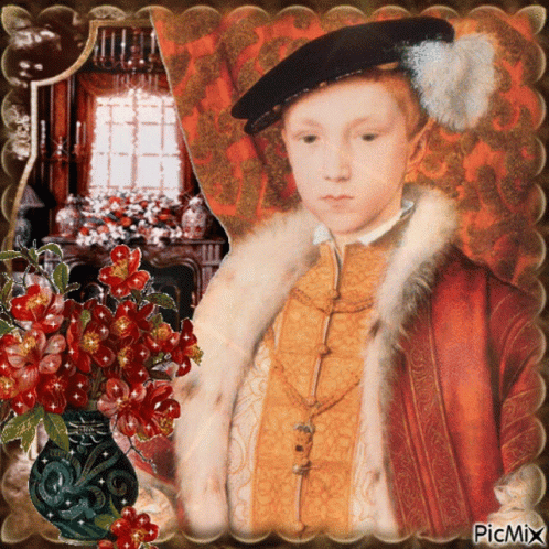 Boy in Fur Coat and Black Hat With Red Flowers by Picmix