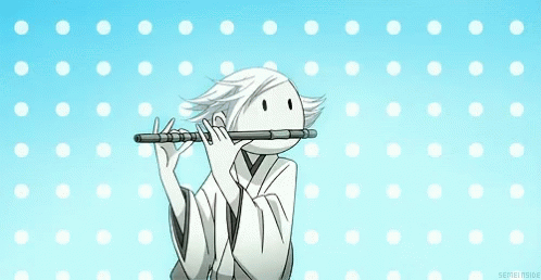 Boy in Kimono Playing Flute on Blue Polka Dot Background