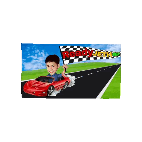 Boy in Red Car Holding Ready Flag