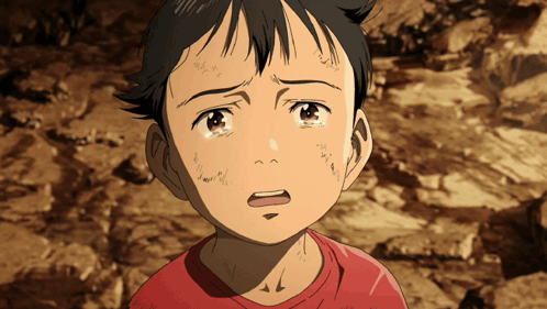 Boy in Red Shirt Crying Looking Up