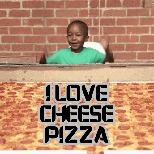 Boy Next to Pizza with I Love Cheese Pizza