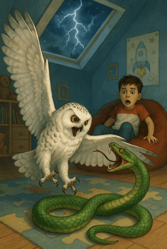 Boy On Bean Bag Chair With Owl And Snake GIF