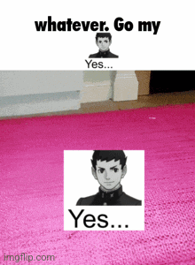 Boy on Pink Rug Saying Whatever Go My Yes