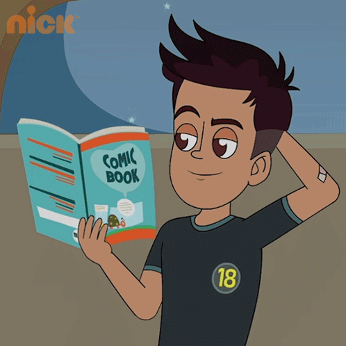 Boy Reading Comic Book with Nick Logo