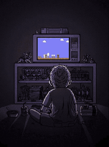 Boy Sitting in Front of TV Playing Mario