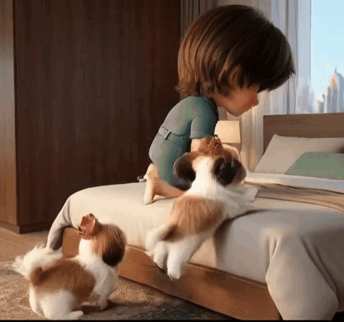 Boy Sitting On Bed With Two Puppies GIF