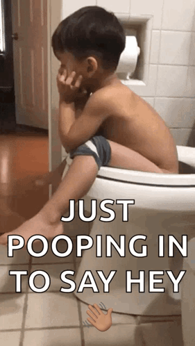 Boy Sitting on Toilet Saying Just Pooping
