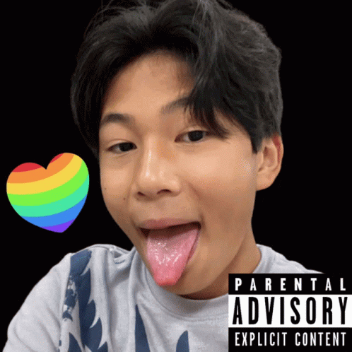 Boy Sticking Tongue Out in Front of Parental Advisory Explicit Content Poster