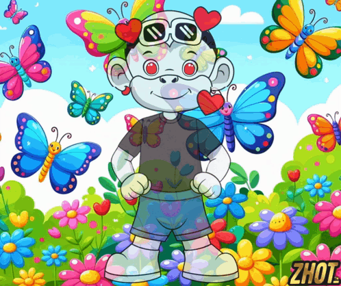 Boy Surrounded by Butterflies and Flowers