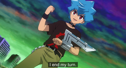 Boy With Blue Hair And Black Shirt Says I End My Turn GIF