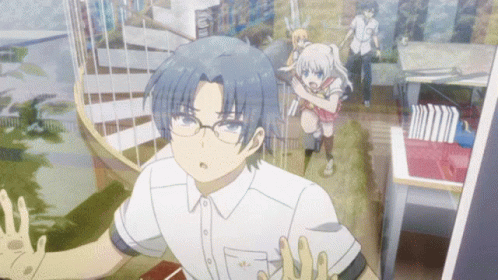 Boy With Blue Hair And Glasses In Front Of Girl GIF
