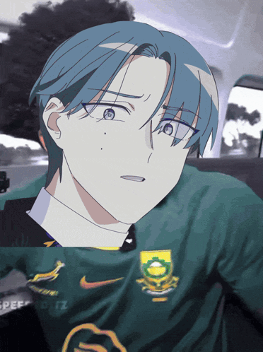 Boy With Blue Hair And Green Shirt Saying Nike GIF
