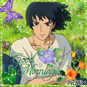 Boy With Flowers And Butterflies Good Morning GIF