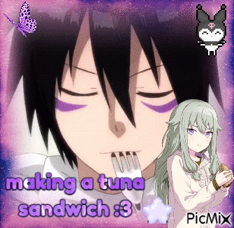 Boy with Fork in Mouth Making Tuna Sandwich
