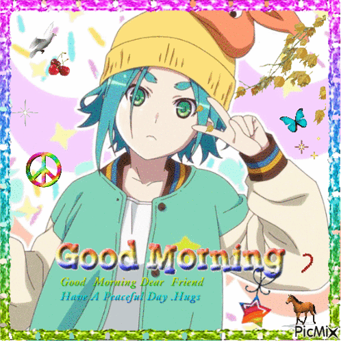Boy with Green Hair Making Peace Sign