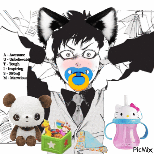 Boy With Pacifier and Hello Kitty Water Bottle