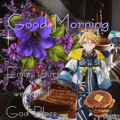 Boy With Pancakes And Flowers Says Good Morning GIF
