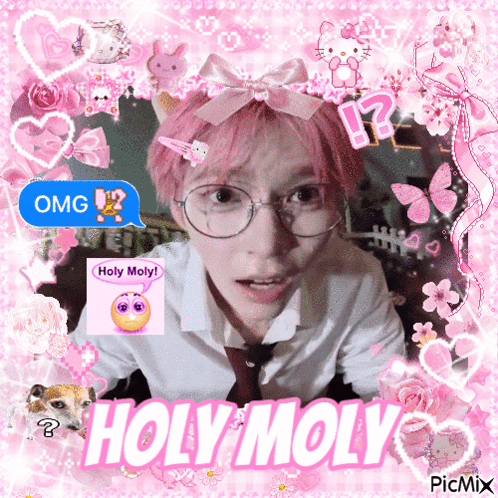 Boy with Pink Hair and Glasses Surrounded by Hearts and Flowers
