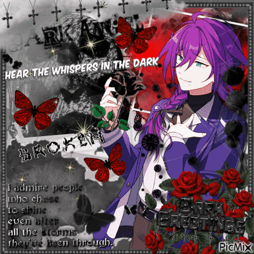 Boy with Purple Hair and Red Roses Hear the Whispers in the Dark Broken