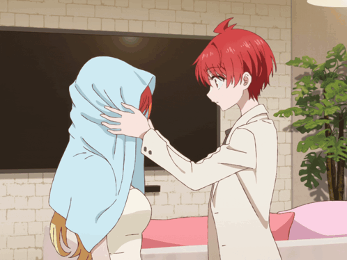 Boy with Red Hair Covering Girl with Blue Towel