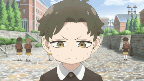 Boy with Serious Look on Cobblestone Street