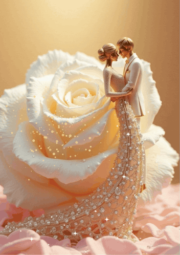 Bride and Groom Figurine Next to White Rose