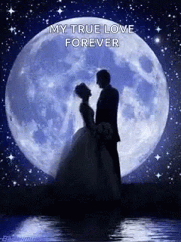 Bride and Groom Kissing Under Full Moon
