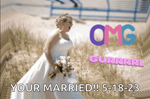 Bride In Wedding Dress In Field Saying Your Married GIF